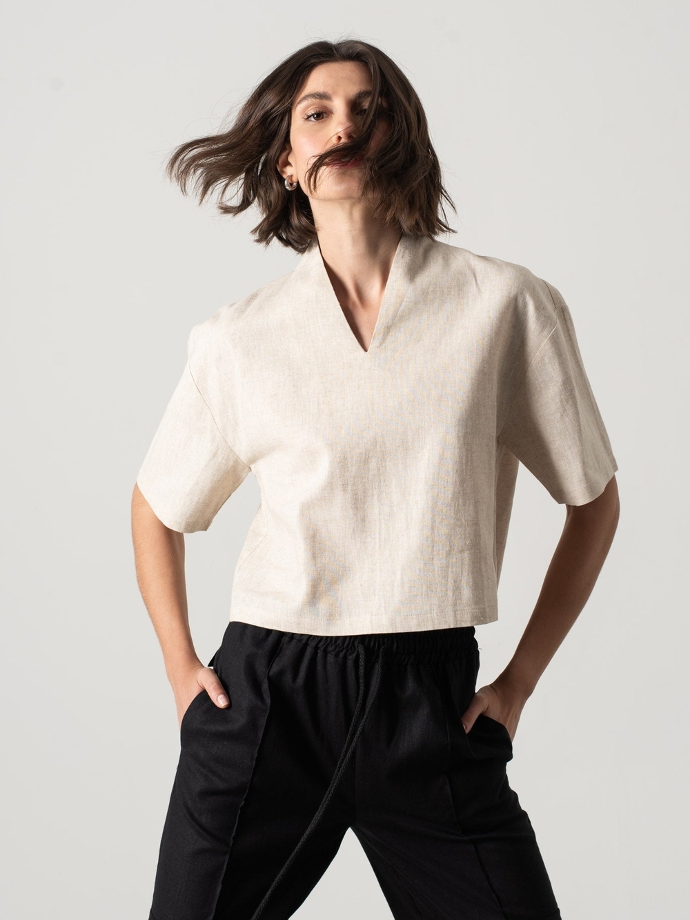 Minimal Split-Neck Boxy Top in Natural Beige